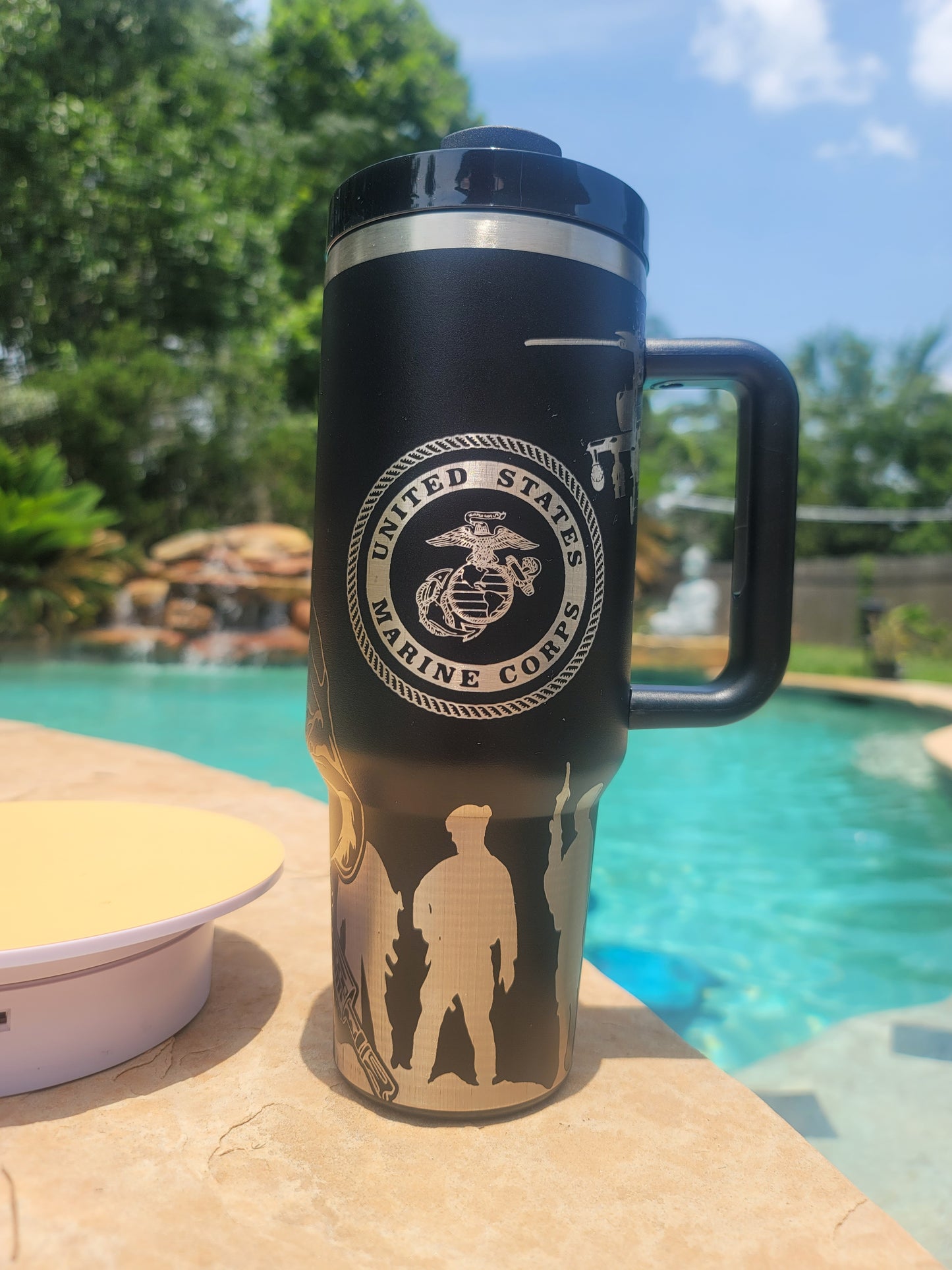 40 oz Handmade Tumbler with silicone handle "Marines" (Laser Engraved Powder Coat)