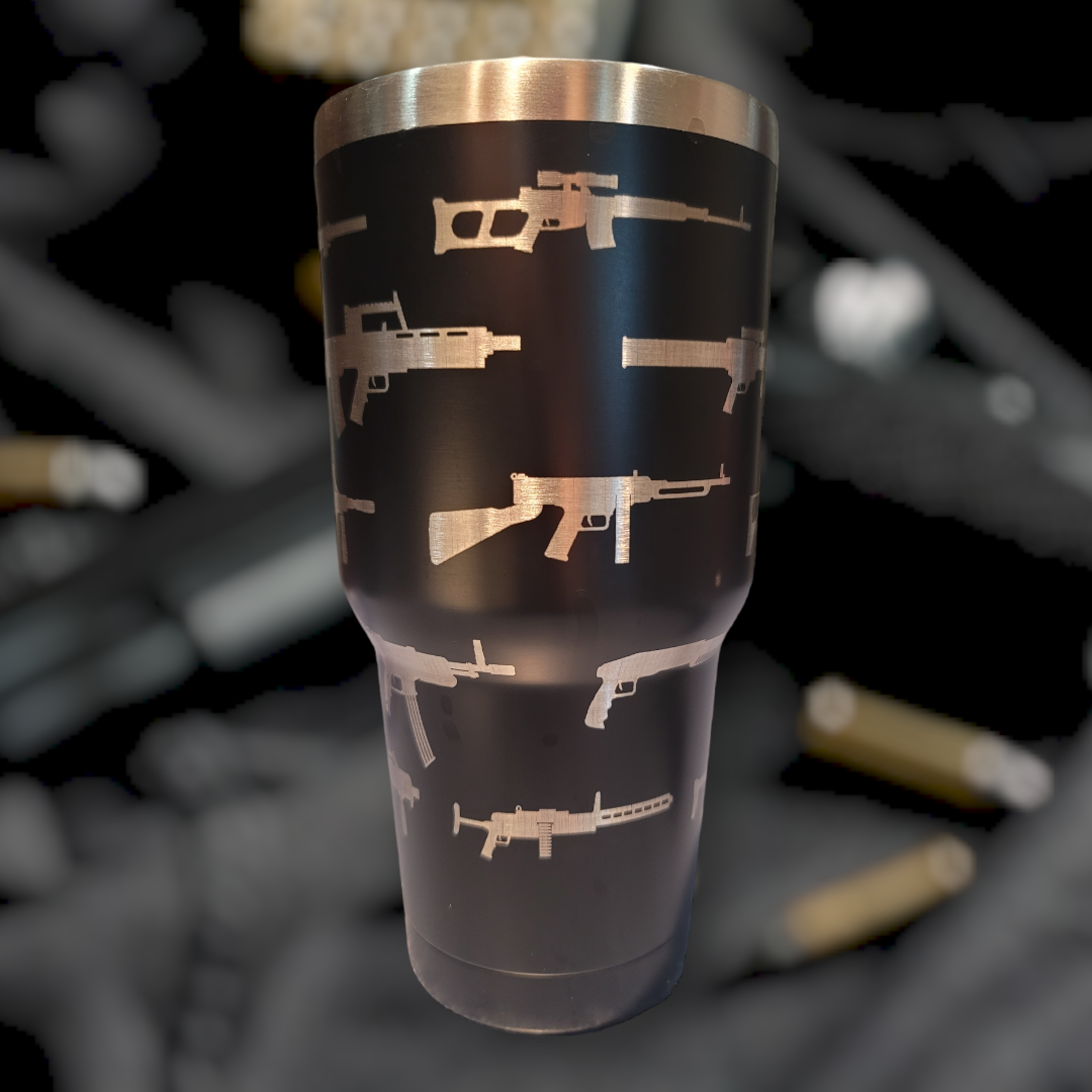 30 oz tumbler "Guns" (Laser Engraved Powder Coat)