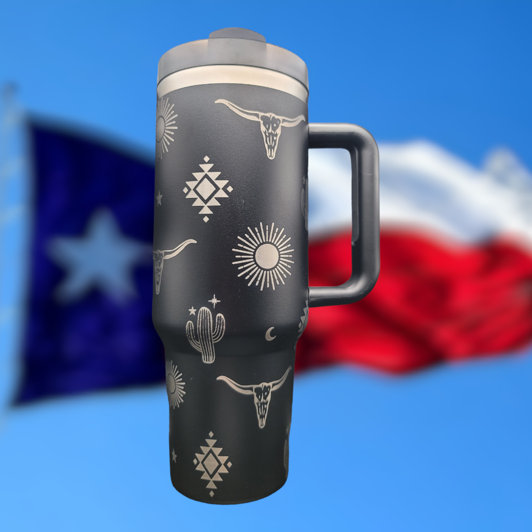 40 oz Handmade Tumbler with silicone handle "Longhorn" (Laser Engraved Powder Coat)