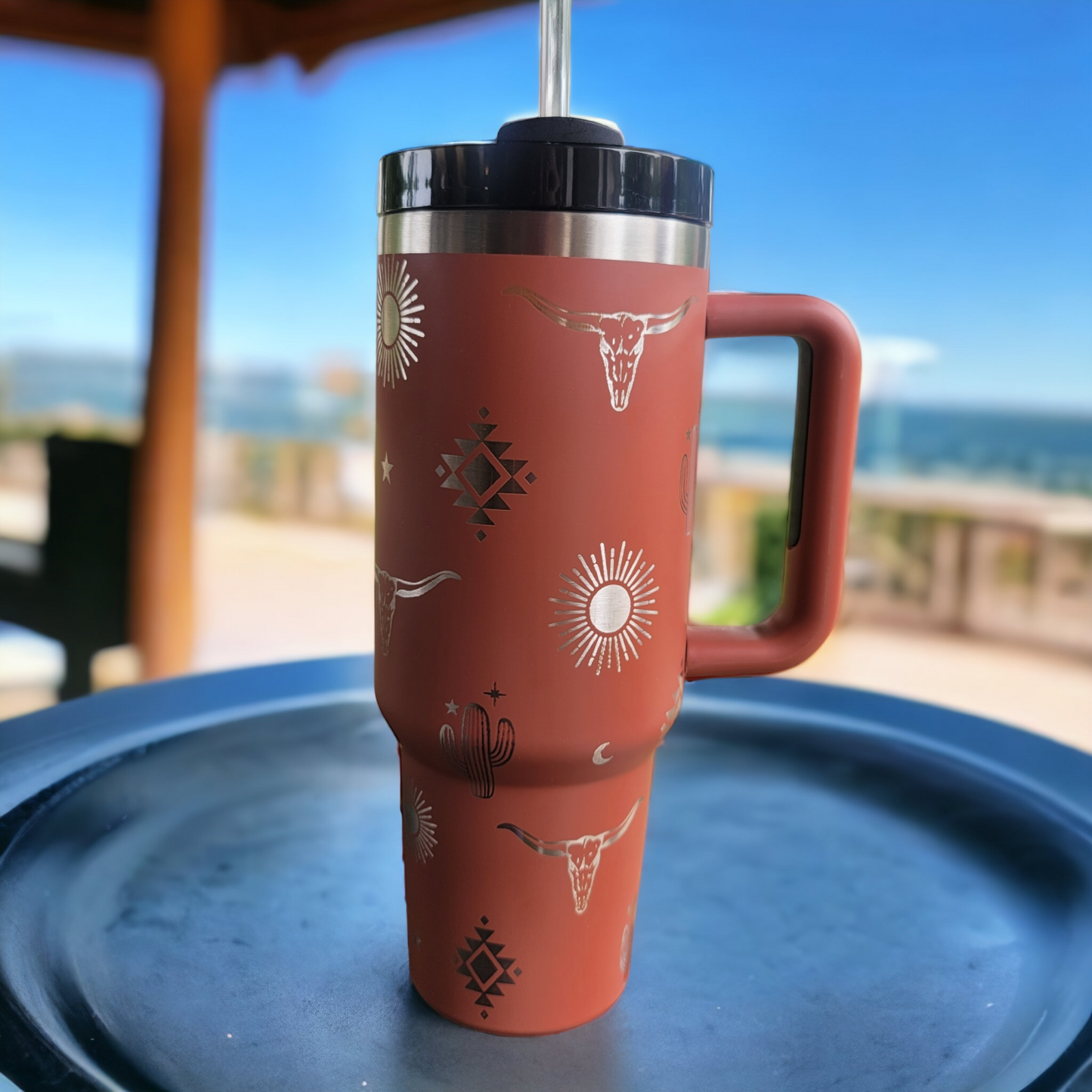 40 oz Handmade Tumbler with silicone handle "Longhorn" (Laser Engraved Powder Coat)