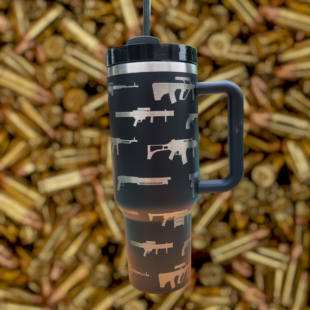 40 oz Handmade Tumbler with silicone handle "Guns" (Laser Engraved Powder Coat)