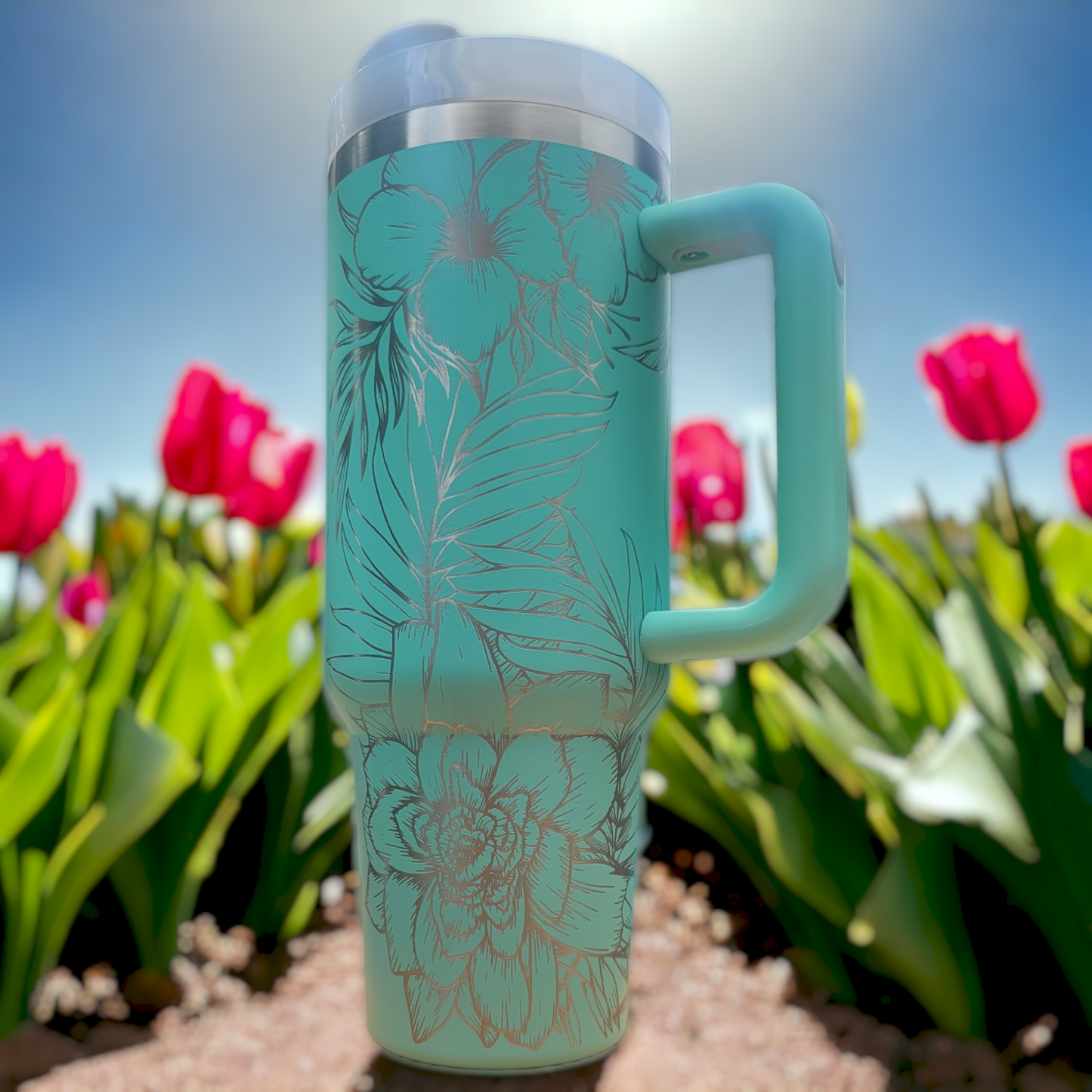40 oz Handmade Tumbler with silicone handle "Flowers" (Laser Engraved Powder Coat)
