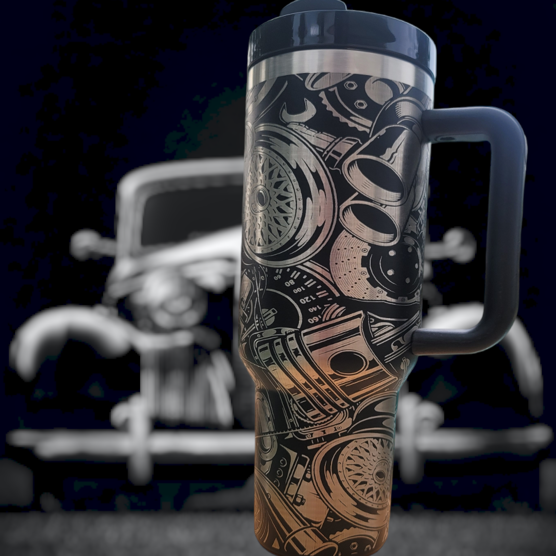 40 oz Handmade Tumbler with silicone handle "Gear Head" (Laser Engraved Powder Coat)